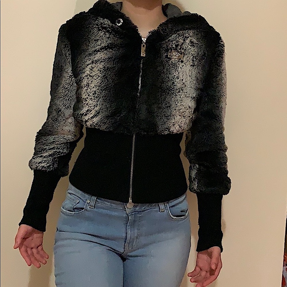 BEBE Furry Zip Up Black and Beige